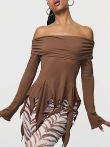 TypaGal 女式纯色长袖露肩不对称下摆衬衫 - 咖啡棕 - 查看 1