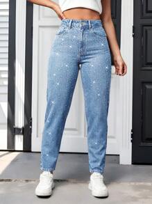 SHEIN Unity 女士牛仔长裤，夏季时尚 - 淺色水洗藍 - 查看 1