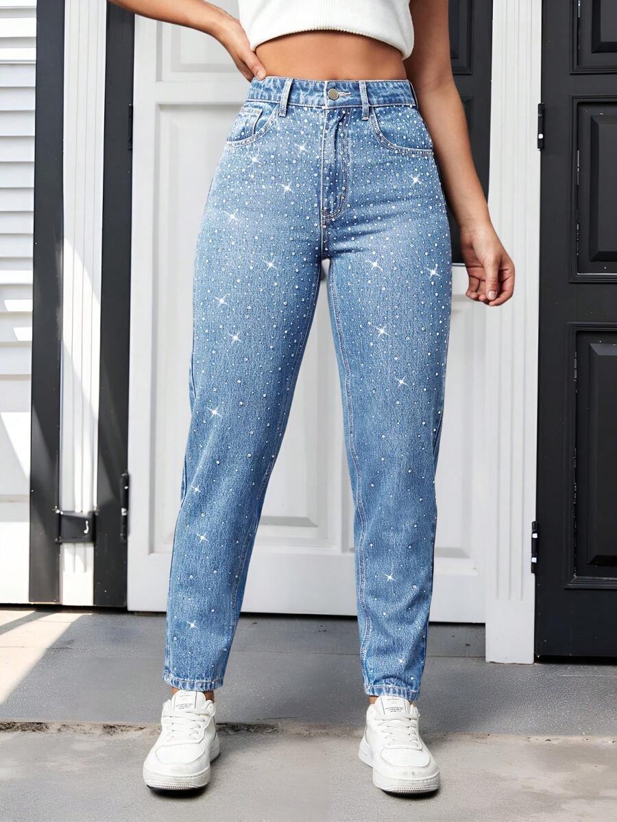 SHEIN Unity 女士牛仔长裤，夏季时尚 - 淺色水洗藍 - 查看 1