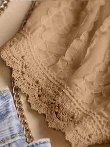 New Lace Trim Patchwork Short Sleeve Ladies Blouse - Khaki - View 5