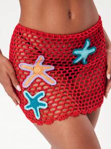 SHEIN Swim Mini-jupe transparente pour femme, rouge, en crochet ajouré, avec motif étoile de mer coloré, inspirée des vacances d'été à la plage - Rouge - Voir 7