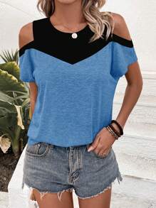 SHEIN LUNE Camiseta de bloque de color con hombros abiertos, blusas gráficas para mujer - Multicolor - Ver 4