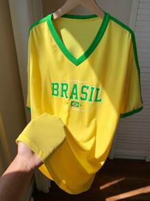 SHEIN EZwear 巴西隊顏色寬鬆t卹,夏季休閒穿著 - 黃色 - 查看 3