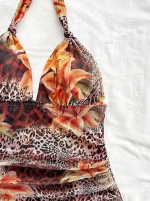 Soleia 女士花卉豹纹百褶露背迷你连衣裙，夏季度假 - 彩色 - 查看 5