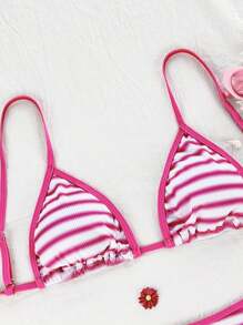 SHEIN Swim Women's Striped Ombre Textured Fabric Print Tie-Front Triangle Bikini Set, Vacation Beach For Summer - Hot Pink - View 3