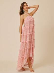 L'Amorae Vestido longo fluido, elegante, rosa pastel, com decote halter, bainha alta e baixa, detalhe de glitter, costas nuas, roupas de verão para mulheres, vestido para convidada de casamento para mulheres, roupas de praia para mulheres, roupas para brunch para mulheres, dia das mães - Rosa Empoeirado - Ver 3