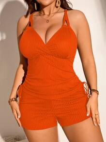Swim Lushoire Plus Size Women V-Neck Drawstring Ribbed Fabric Tankini Bikini For Summer Beach Vacation - Burnt Orange - View 5