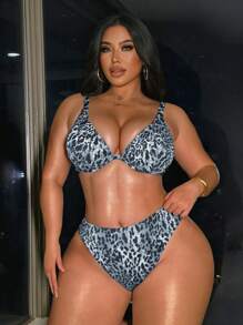 Swim SXY Plus Size Leopard Print Vacation Beach Swimsuit Set - Black and White - View 4