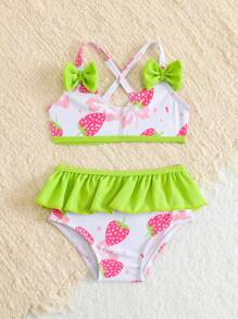 Newborn Girl  Strawberry Print Print Swimsuit Set, Swimsuit Set For Baby Girl - Multicolor - View 3