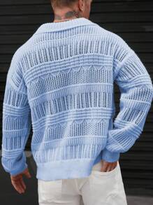 Manfinity Homme Men's Solid Color Drop Shoulder Long Sleeve Hollow Out Casual Sweater - Blue - View 2