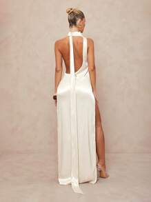 Lumalex 女士高领系带露背高开衩紧身连衣裙 - 香檳色 - 查看 4