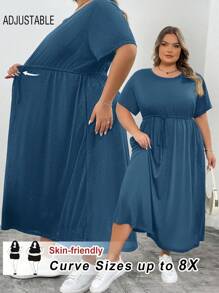 SHEIN CURVE+ 大码女式夏季时尚休闲黑色系带下摆（有口袋）长款宽松短袖连衣裙 - 霧霾藍 - 查看 7