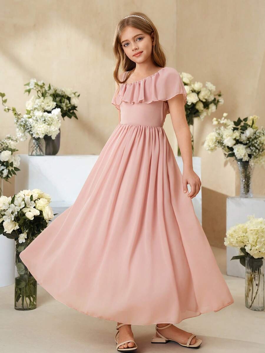 SHEIN 少女纯色荷叶边单肩优雅连衣裙 - 粉色 - 查看 1