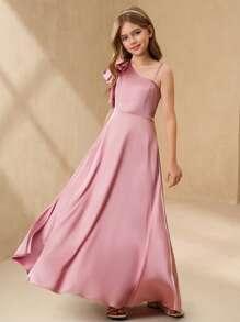 SHEIN 女孩优雅缎面单肩荷叶边装饰腰部 A 字长裙，花童/伴娘/生日派对/婚礼，青年尺码 - 粉色 - 查看 1