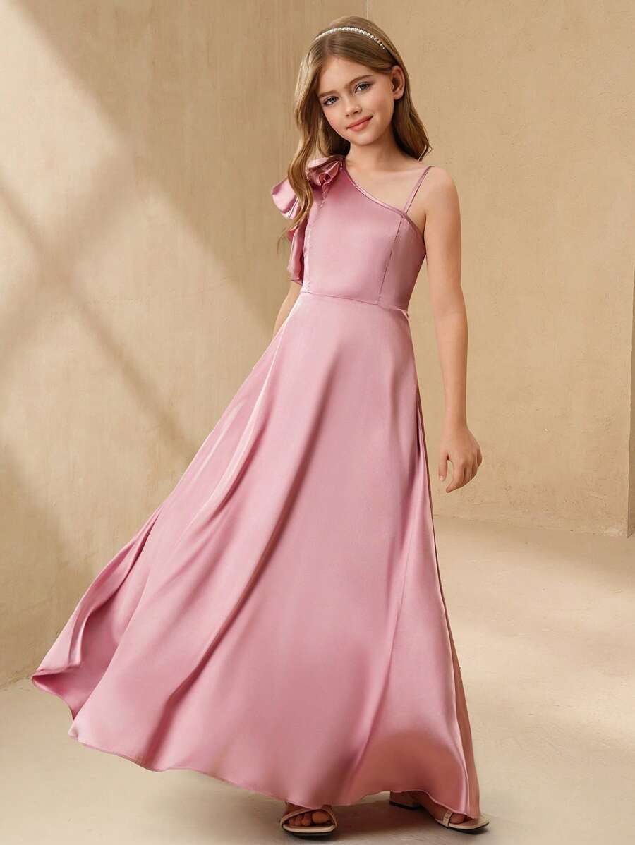 SHEIN 女孩优雅缎面单肩荷叶边装饰腰部 A 字长裙，花童/伴娘/生日派对/婚礼，青年尺码 - 粉色 - 查看 1