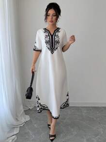 Elenzga 女士优雅复古印花V领连衣裙