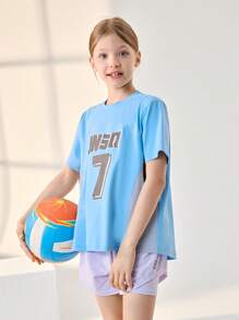 SHEIN Tween Girls Back To School Outdoor Sports Short Sleeve T-Shirt, Children's Round Neck Four-Needle Six-Thread Seamless Contrast Color Outdoor Sports Short Sleeve Top - Blue - View 6