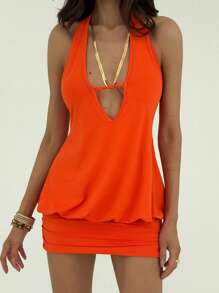 Aloruh New Sexy Deep V Neck Backless Ruched Clingy Mini Dress, Orange, For Going Out - Orange - View 5