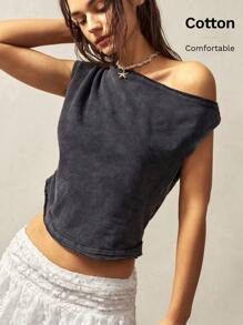 Bohemela Boho Summer Casual Music Festival Solid Color Knit Asymmetrical Shoulder Fitted Distressed Women T-Shirt - Black - View 1