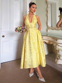 Glamine Charm Váy xòe không tay cổ chữ V in hoa 3D cổ điển dành cho nữ - Màu vàng - Xem 3