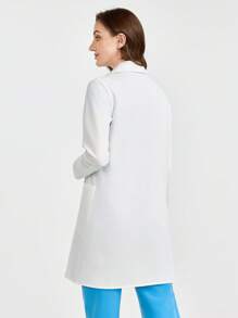 Scrubzie Plain Color Asymmetric Lapel Long Sleeve Single-Breasted Pocket Lab Coat / Scrub - White - View 2