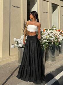 MainGRL Women's Vacation Solid Color Ruffled Waist High-Low Hem Skirt - Black - View 3