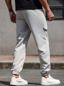 Manfinity Homme Men's Solid Color Drawstring Waist Casual Versatile Cargo Pants, 7/8 Length - Grey - View 2