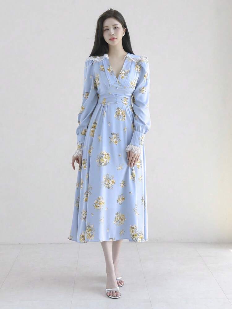 Vestido elegante de manga larga con cuello en V y encaje de contraste con estampado floral, para primavera/otoño