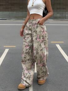 SHEIN EZwear Summer Country Concert Graphic Pants All-Over Print Patch Pocket Loose Fit Suit Pants - Grey - View 4