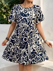 SHEIN LUNE Plus Size Casual All-Over Print Short Sleeve Dress Women Boho/Bohemian Dress  Summer Outfits For Women Vacation Outfits Woman Beach Outfits For Woman