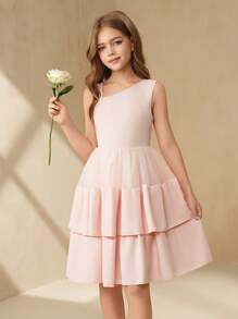 SHEIN 青少年女孩圆领无袖多层网眼拼接荷叶边下摆派对连衣裙