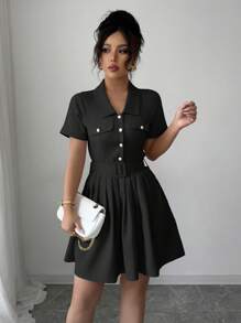 Elenzga Váy suông màu trơn tay Bishop, eo thắt, xếp ly dáng chữ A, có điểm nhấn là khóa kim loại và eo thắt, tay ngắn, phong cách Pháp thanh lịch cho công sở/du lịch thường ngày - màu đen - Xem 5