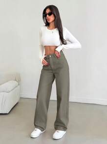 EURMUSE High Rise Straight Pink Jeans, Fashionable Suitable For Summer - Army Green - View 4