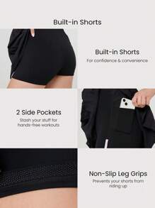 GLOWMODE FeatherFit™-Air Easy Breezy Peekaboo 方领可调节工字背褶皱运动连衣裙，内置短裤侧袋防滑握把低冲击网球高尔夫匹克球日常穿着可拆卸罩杯 - 黑色 - 查看 4