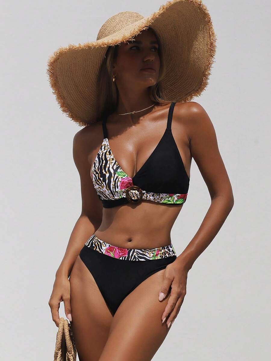 Swim Lushoire 2 Stücke Sommer Blume Muster Patchwork Top und High Waist Slip elegantes Bikini Set - Verschiedenfarbig - Übersicht 1