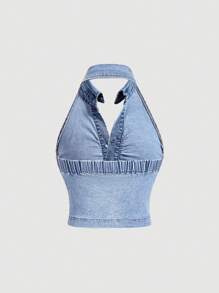 SHEIN MOD Blusa de mezclilla de mujer con cuello halter plisado de una hilera