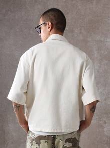 SUMWON Carpenter Style Oversized Denim Shirt Jacket Workwear Utility Short Sleeve Button Down Outerwear Spring Summer Casual Streetwear - Beige - View 3