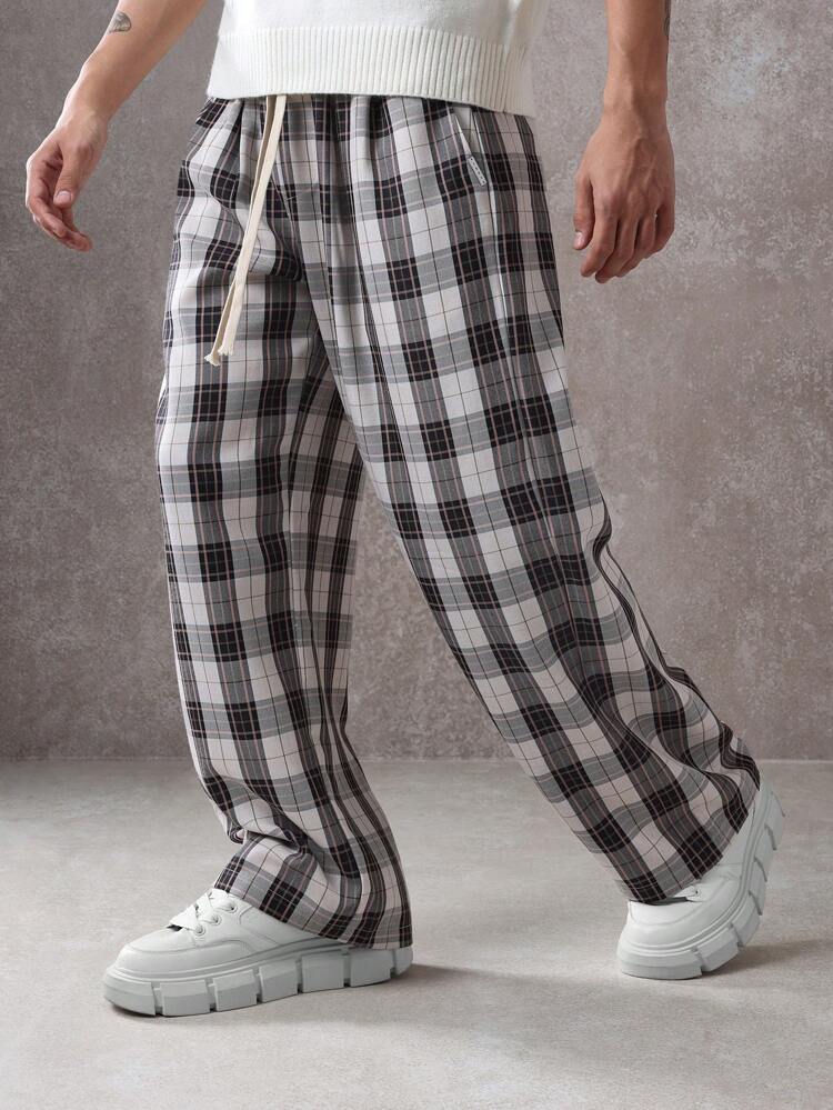Calça casual xadrez com corte relaxado e cordão, perna larga