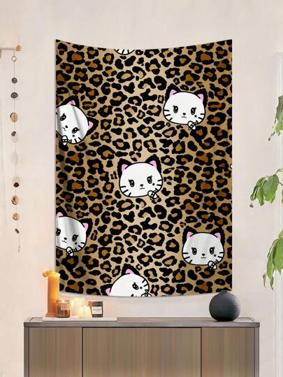 Kawaii 1pc Leopard Print Background With Lovely Cat Pattern Tapestry, Suitable For Living Room And Bedroom