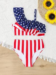 Tween Girl Striped Swimwear Top & Bottom 2 Pieces Set, Fashion, Prints Random