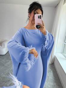 Rafferiza 女式休闲宽松抽绳羽毛装饰连衣裙，时尚秋季长款女装