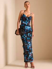 SHEIN BAE Women's Floral Print Ruffle Hem Maxi Dress, Elegant Stylish Outfit For Party, Date, Vacation, Back To School, Summer - Blue - View 3