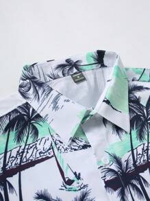 Manfinity RSRT 男士休闲棕榈树印花短袖衬衫和短裤套装，度假