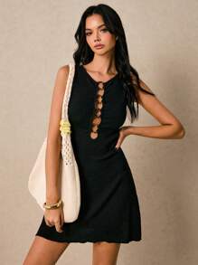 Poéselle Black Sleeveless Cutout Ring Mini Dress - Sleek And Modern For Party Nights,Black Cutout Mini Dress, Ring Detail Party Dress,Little Black Dress,Sleek Evening Outfit - Black - View 5