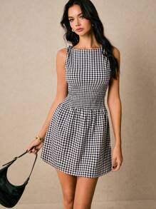 Poéselle Vestido mini de mujer con cuello redondo, sin mangas y cintura ajustada a cuadros