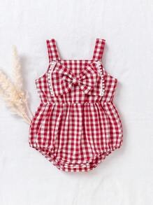 SHEIN Mono Mono para bebé niña con volantes y lazo a cuadros rojos, para verano