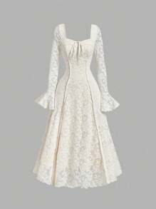 SHEIN PETITE 法式优雅纯色蕾丝长袖连衣裙 - 米色 - 查看 8