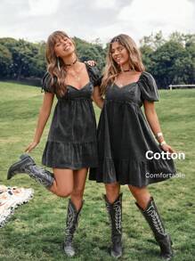 Wildy Summer Western Rave Outfit Concert Outfit Women Women's Summer Puff Sleeve Square Neck Fitted Washed Denim Short Skater Dress