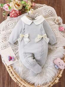 SHEIN 女婴长袖针织荷叶边领连体衣，带脚套，优雅蝴蝶结设计，适合秋冬季休闲/正式/旅行穿着，黄色和浅黄色