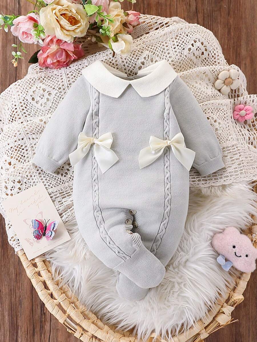 SHEIN 女婴长袖针织荷叶边领连体衣，带脚套，优雅蝴蝶结设计，适合秋冬季休闲/正式/旅行穿着，黄色和浅黄色